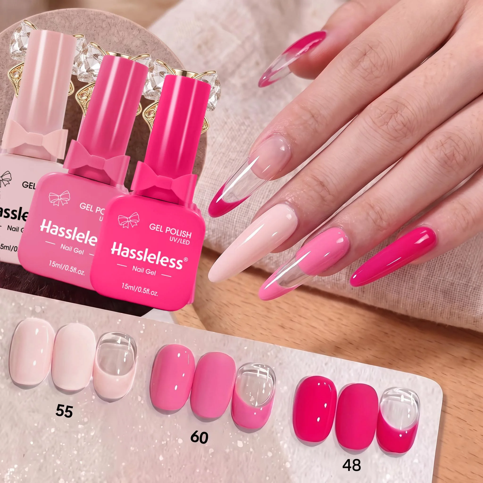 Hassleless 3Pcs Pink Series Nail Polish Gel Set, a Full Set of Gentle Nude Pink to Bright Rose Pink Colors, Silky Smooth and Highly Pigmented, French Manicure Creation Nail Art Set