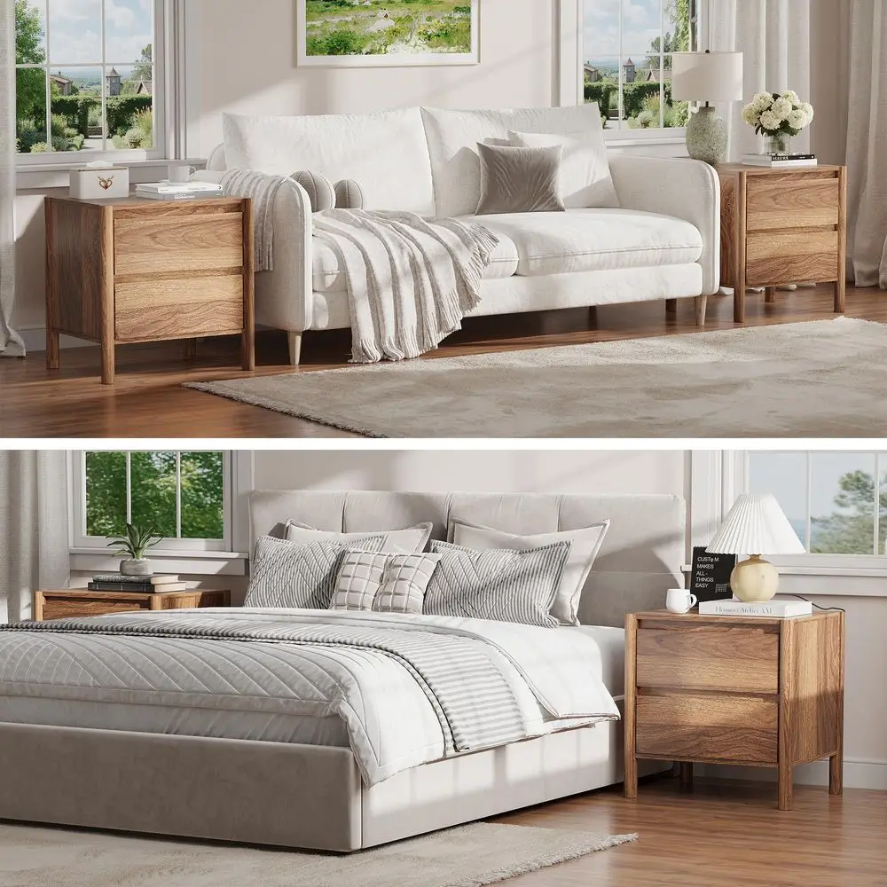 2 Pcs Nightstand Sets for Bedroom,Walnut Farmhouse Bedside Tables with 2 Drawers and 4 Sturdy Solid Wood Legs,Multifunctional W - view 5