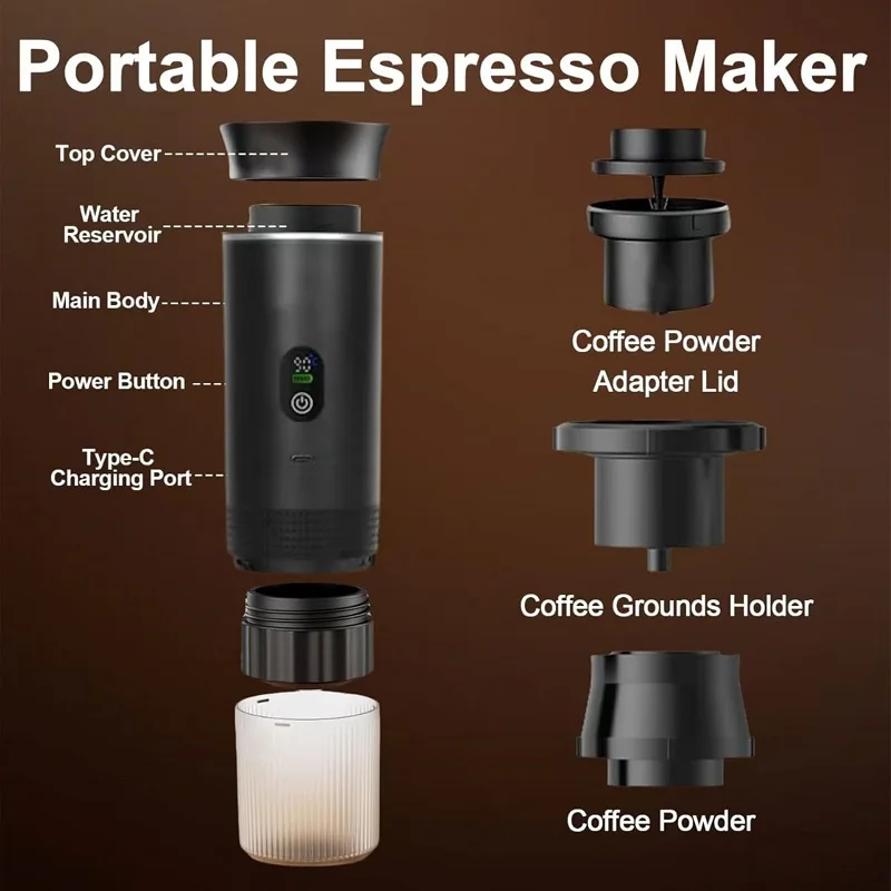 Portable Coffee Machine Wireless Electric Capsule Powder Travel Coffee Maker 3-in-1 Espresso Coffee Maker for Car & Home Camping