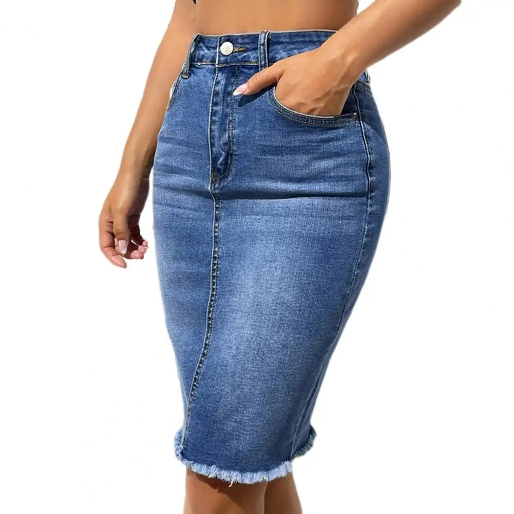 

Women Denim Skirt High Waist Button Zipper Fly Multi Pockets Hip Wrapped Tassel Hem Washed Skirt