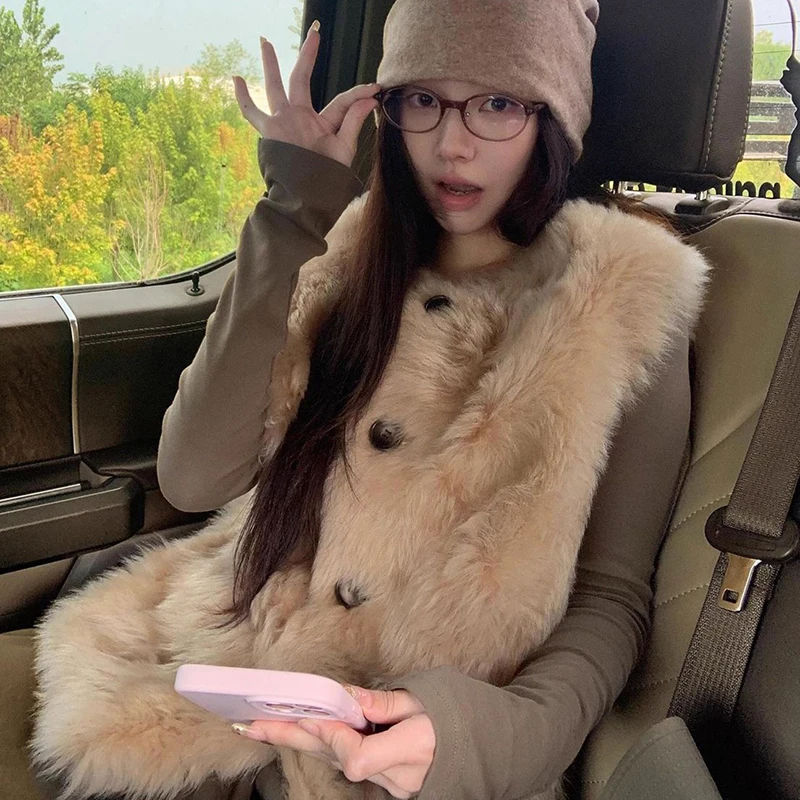 

Женский жилет из искусственного меха ягненка, однобортное зимнее теплое пальто без рукавов, уличное свободное ленивое повседневное пушистое плотное пальто