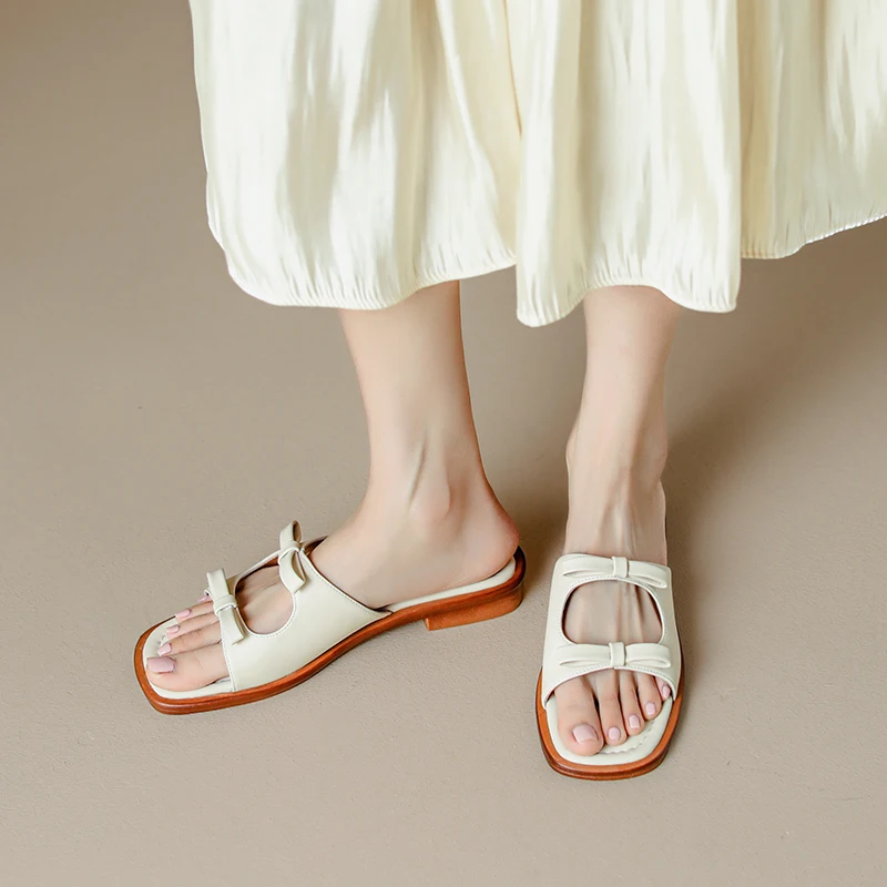 FEDONAS 2024 Genuine Leather Comfortable Women Slippers Summer Low Heels Concise Butterfly-Knot Casual Basic Sandals Shoes Woman