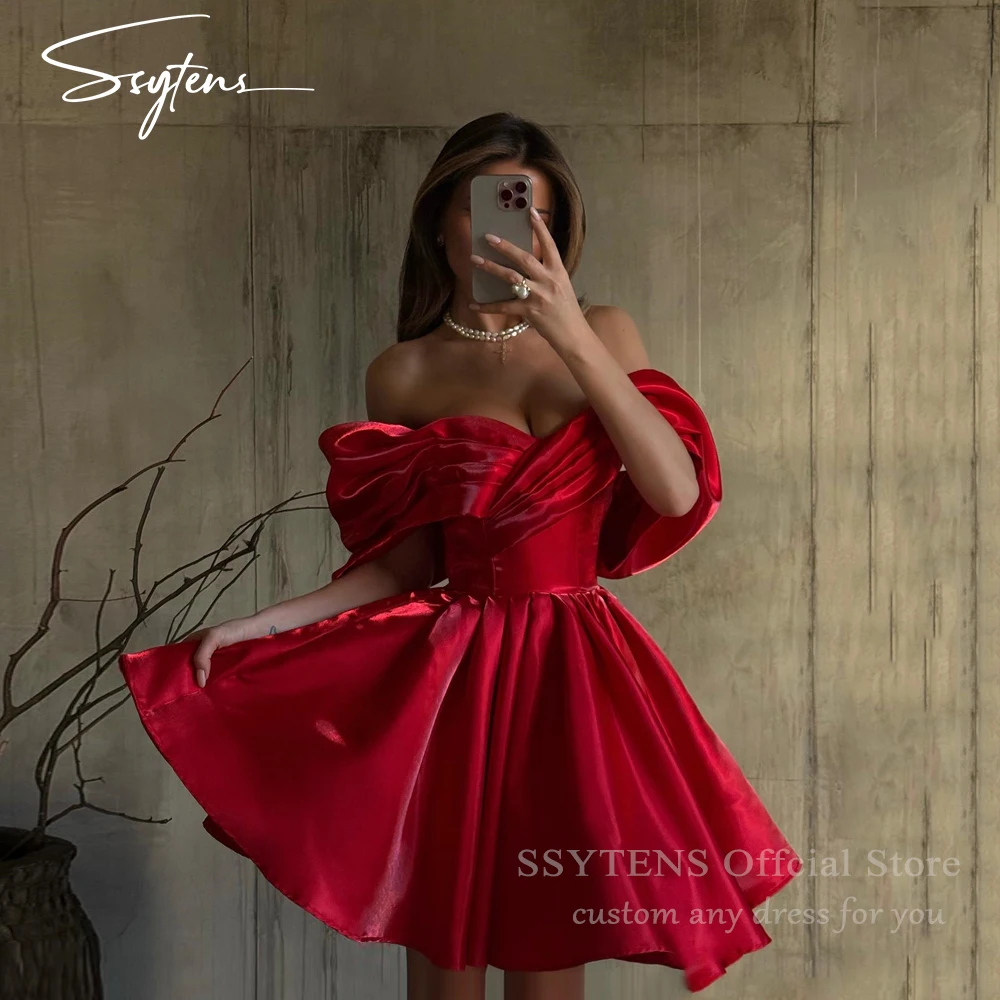 

SSYTENS Modern Red Shiny Short Evening Dresses Off the Shoulder A-Line Formal Prom Dresses Birthday Party Dresses Customized