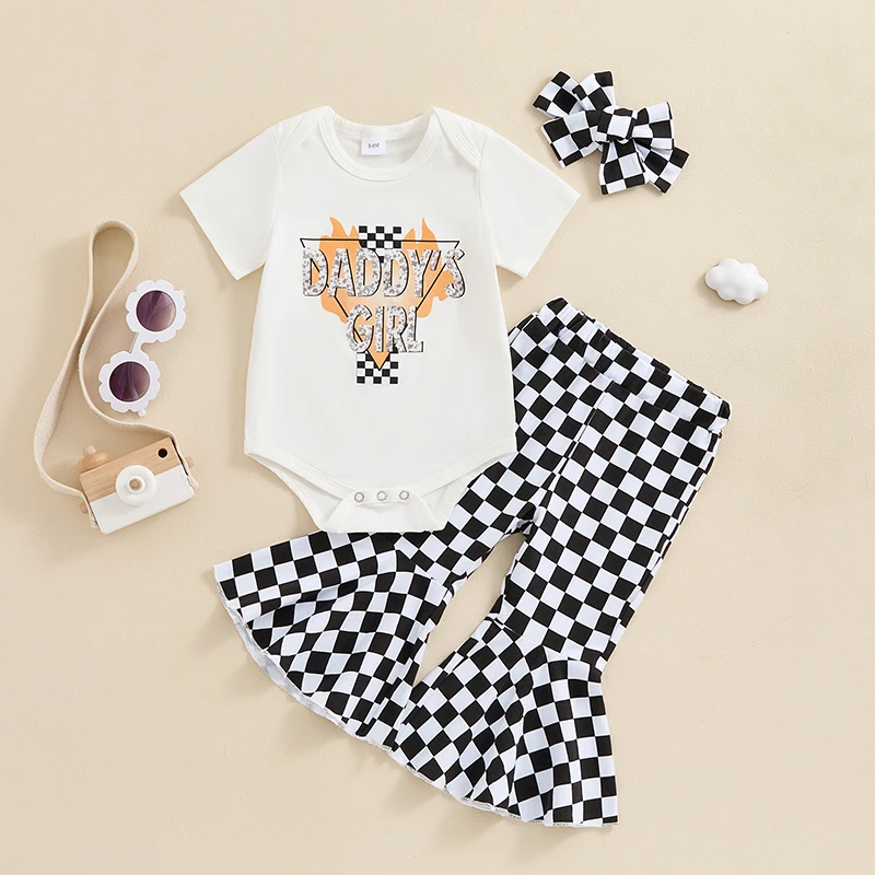 

Father s Day Baby Girl Clothes Short Sleeve Daddys Girl Romper Checkerboard Bell Bottom Pants Set 2Pcs Summer Clothes