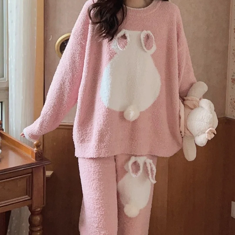 Cartoon Cute Rabbit Pajamas Women's Autumn and Winter Warm Thickened Soft Cloud Velvet Girl Heart Home Suit Winter Comfortable