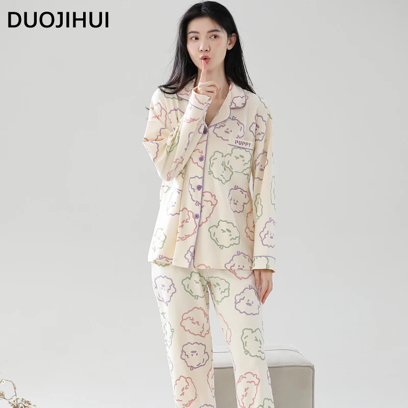 DUOJIHUI Simple Soft Chic Printing Pajamas for Women Autumn Fashion Cardigan Loose Pant Casual Contrast Color Female Pajamas Set