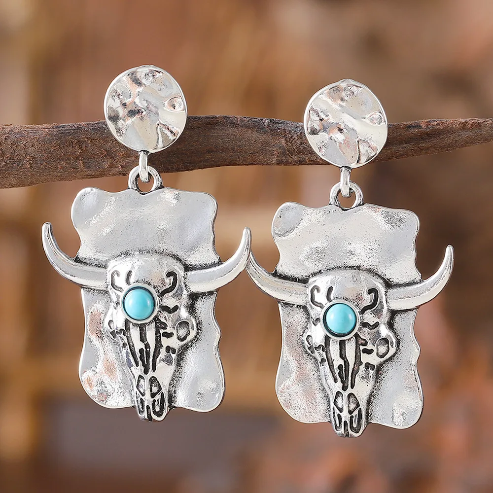 

Аксессуары для самостоятельного изготовления: Женские серьги в ретро-этническом стиле с инкрустацией из бирюзы в виде головы коровы, универсальные, из сплава, для трансграничной торговли на Amazon.