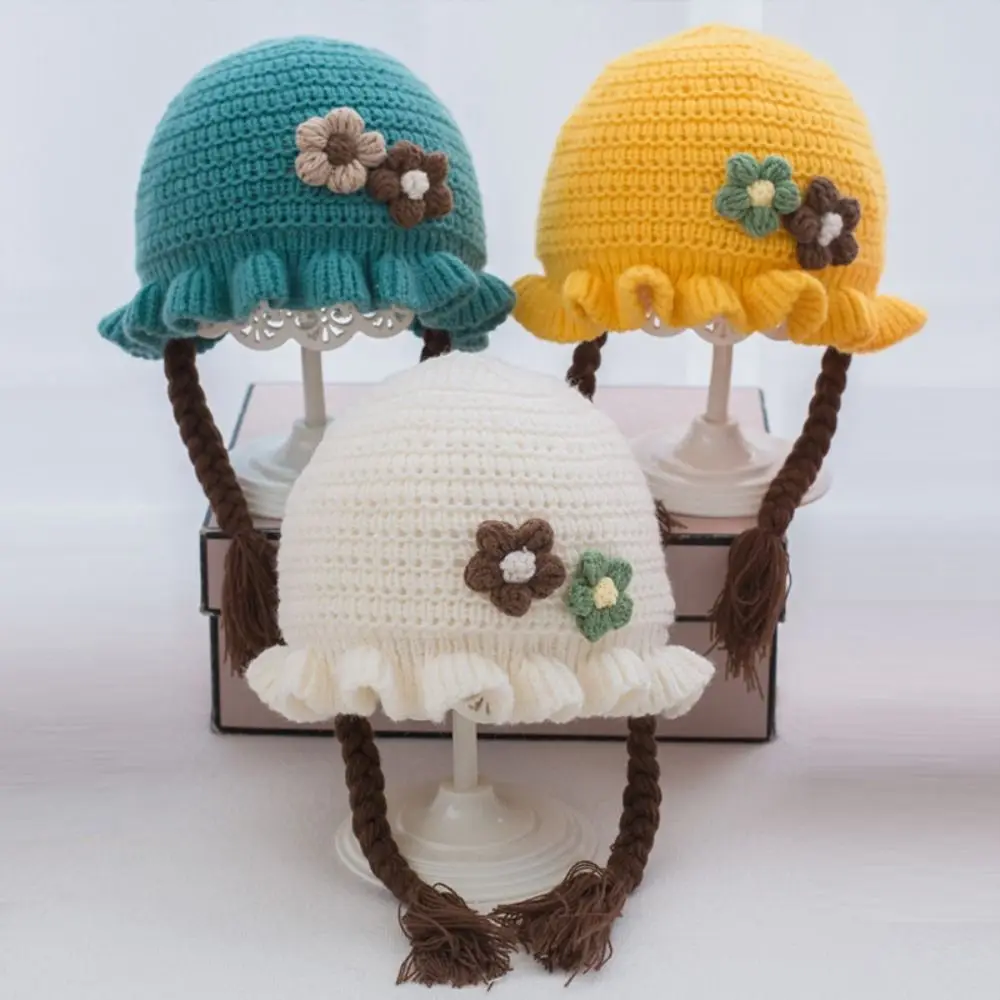 Neue Blume Kinder Beanie Zöpfe Gestrickte Gestrickte Kappe Verdickte Wolle Baby Winter Hut Baby Mädchen