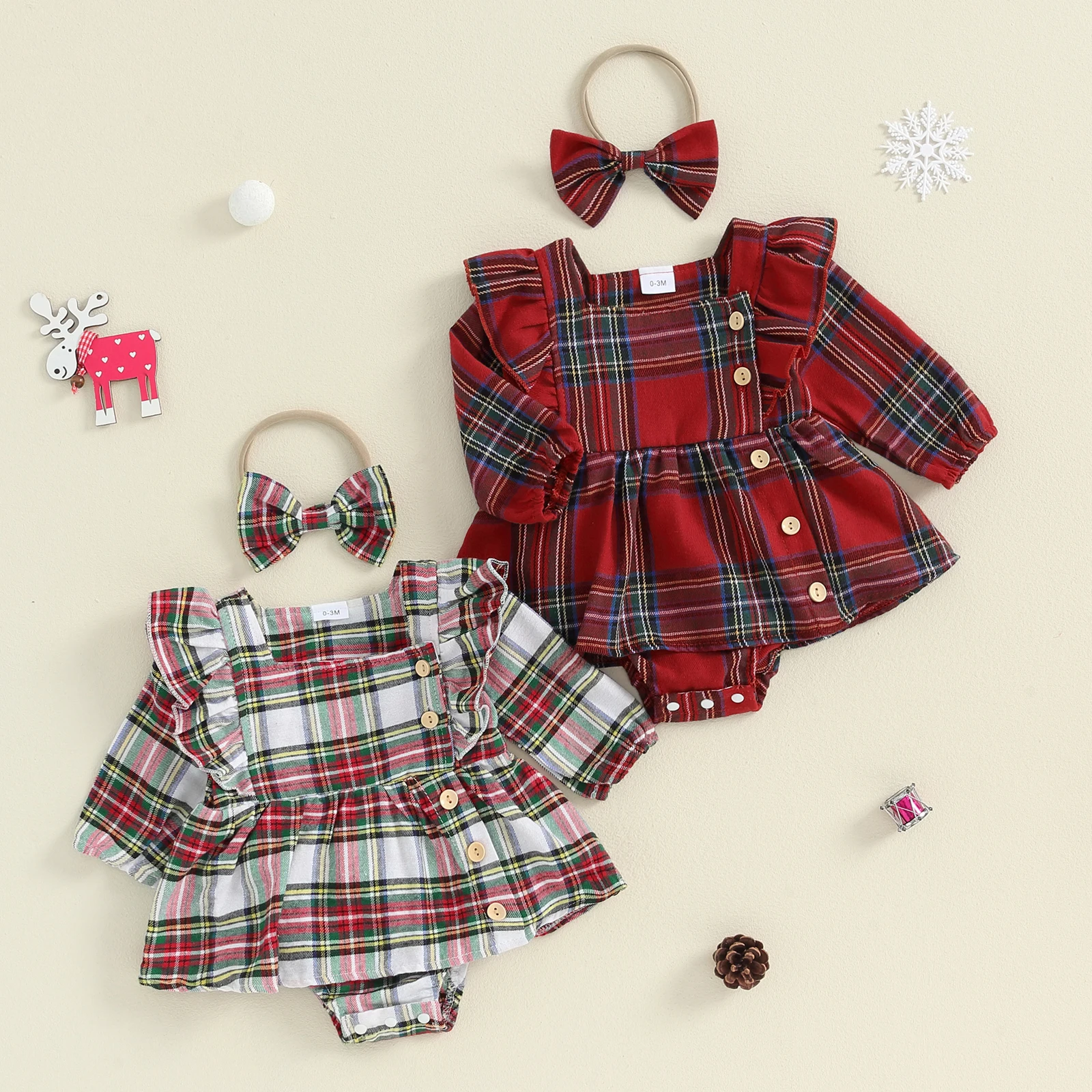 

Baby Girls Christmas Bodysuits Dress Flying Sleeve Button Plaid Romper with Headband Plaid Baby Jumpsuits Costume