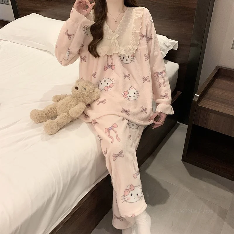 Sanrio Hello Kitty Butterfly Bow Winter Pajamas Flannel Cute Cartoon Casual Home Clothes Japanese Style Soft Girl Warm Sleepwear