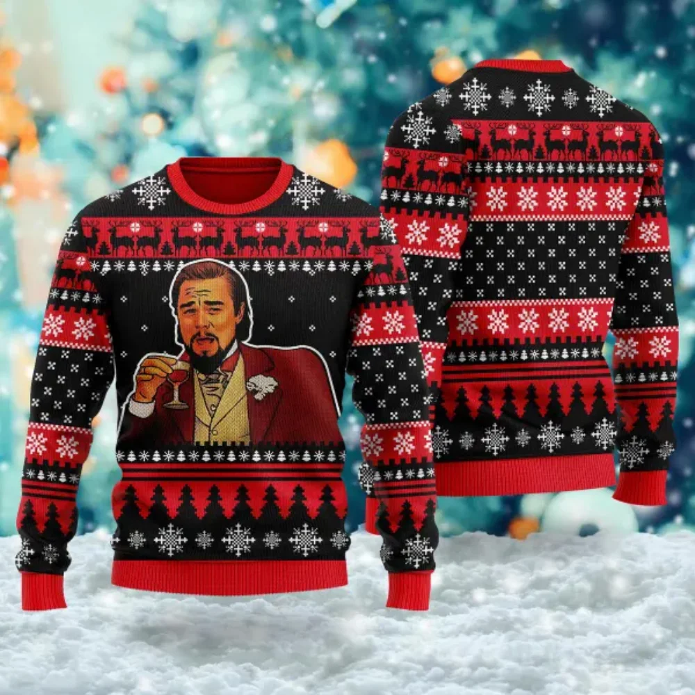 Outono e inverno roupas rindo leo dicaprio meme feio camisola de natal presente santa clau pulôver masculino 2024 3d moletom topo