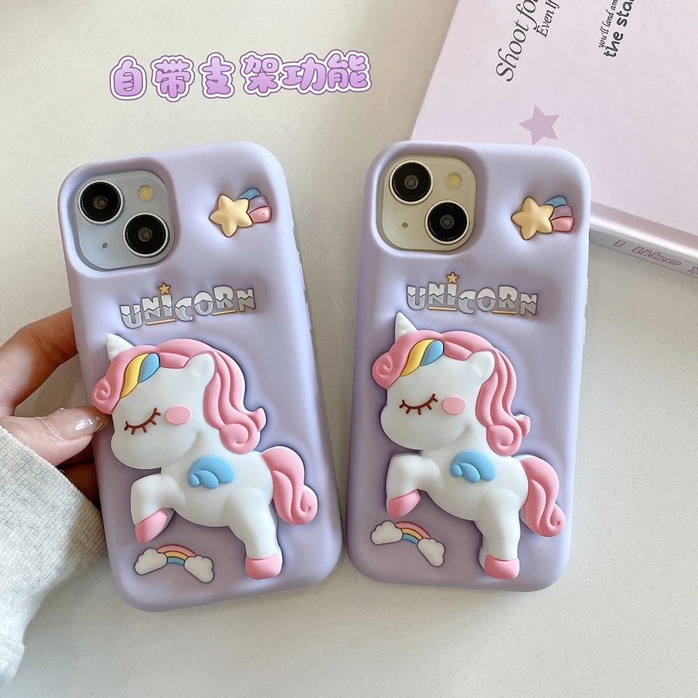 Nette 3D Cartoon Regenbogen Einhorn Pferd Weiche Silikon Halterung Fall Ständer Halter Abdeckung Für iPhone 17 16 Plus 15 14 13 12 Pro Max – Detail 9
