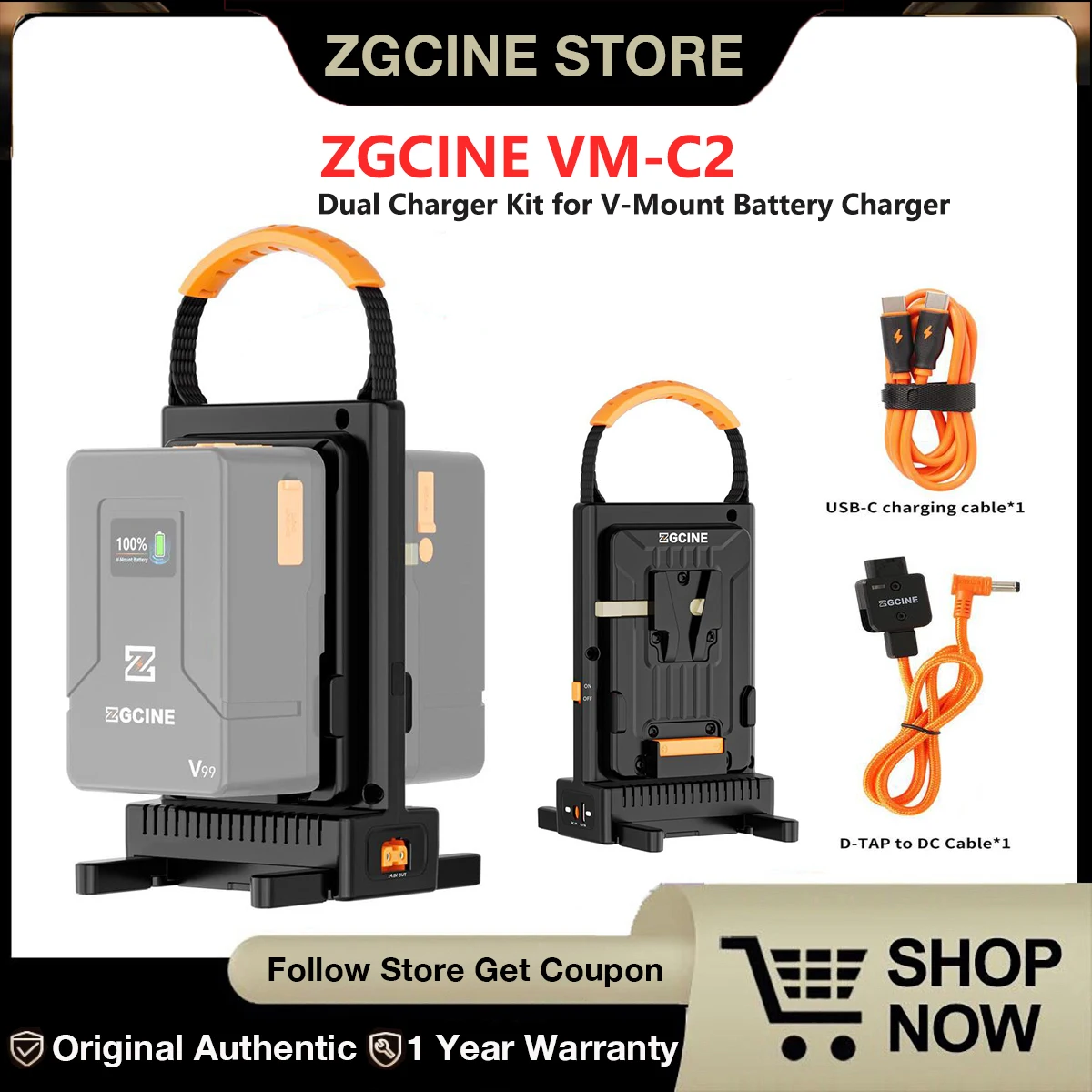 ZGCINE VM-C2 Dual Charger Kit for V-Mount Battery Charger with USB-C PD100W and DC 20V Power Supply Output