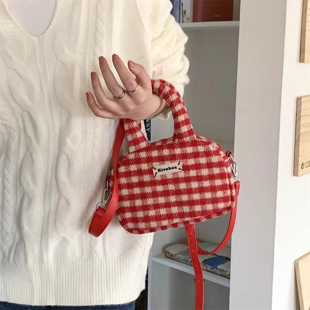 Korean Style Red Plaid Crossbody Bag Sweet Handbag Cute Small Bag Christmas Plush Bag All-match Handbag For Women