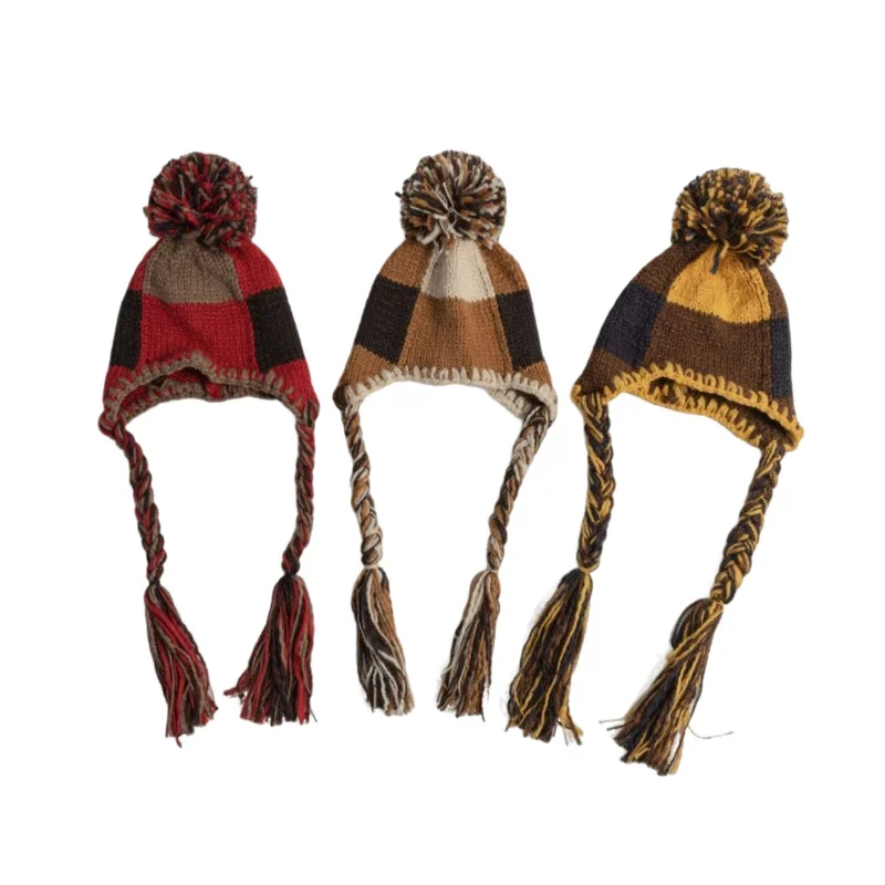 Vintage Handmade Tassel Braid Knitted Hat Women Winter Version Plaid Hairball Versatile Thermal Ear Protector Warm Bomber Hat