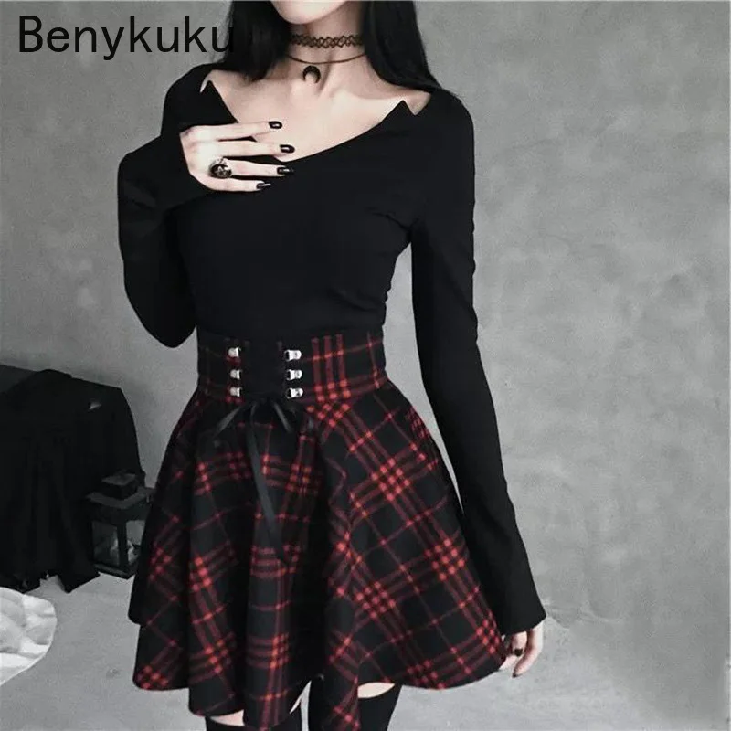 

Gothic Punk Plaid High Waist Mini Skirt 5XL Plus Size Women Lace Up A Line Vintage Skirts Womens Casual Clothes Jupe Saia Faldas