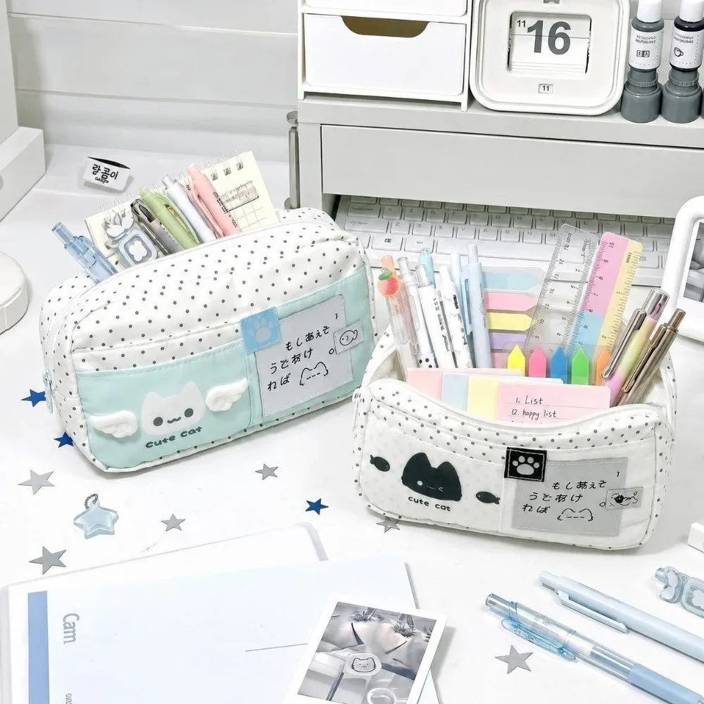 New Large Capacity Cat Pattern Pencil Case Multi-Layer Cartoon Stationery Organizer Polka Dot Zipper Pen Bag School Supplies