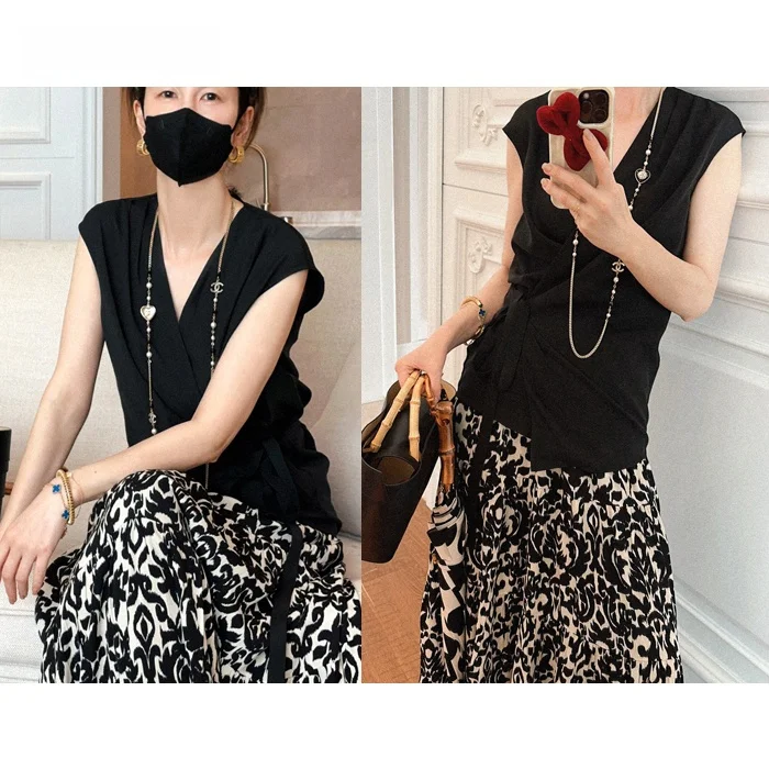 

PKHHK Faionable Practical Asymmetric Overlap Design Acetate Belted Fre V-ne Svel Top Women's Busin Casual irt