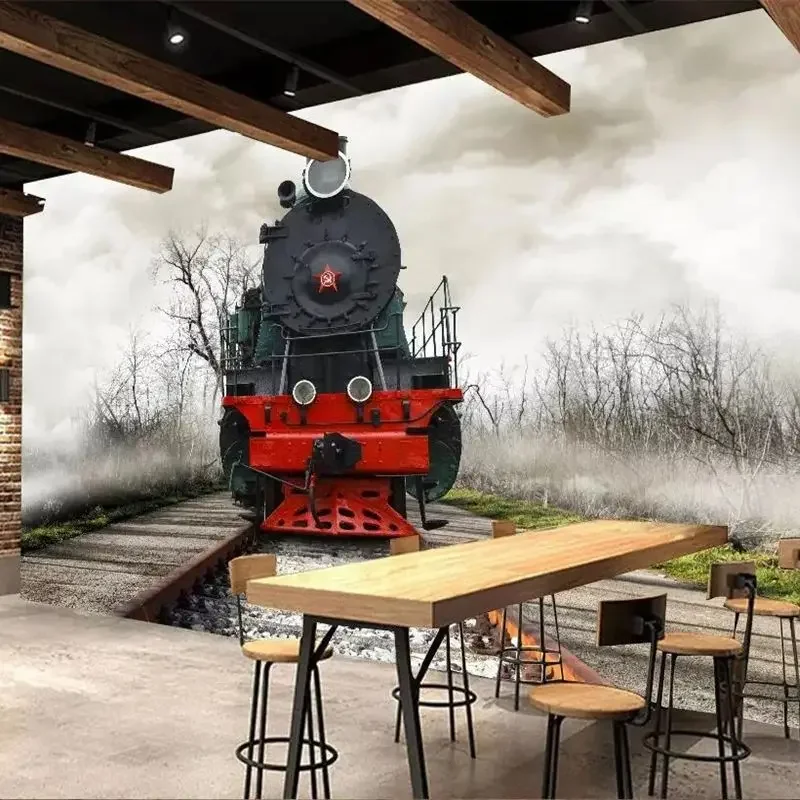 Custom Wallpaper 3d mural retro nostalgic black and white steam train cafe bar background old Shanghai architecture nostalgic