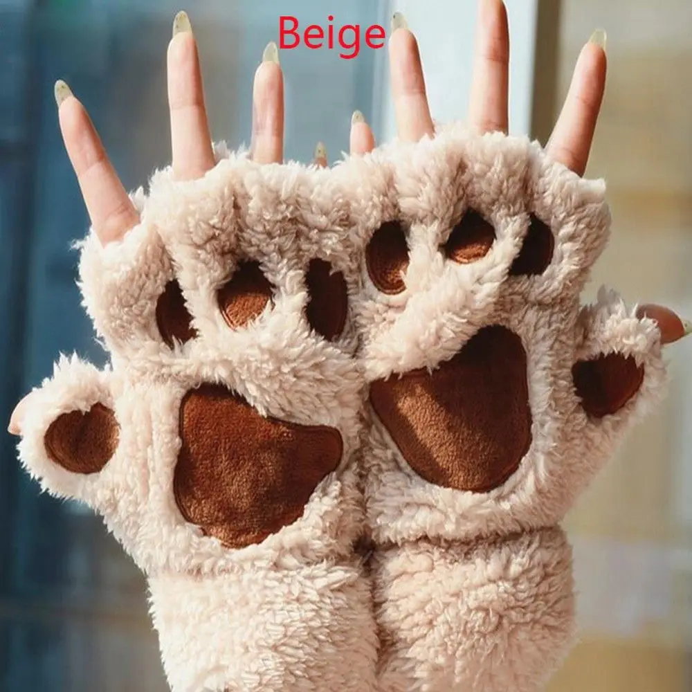 Guantes de invierno con forma de pata de oso para mujer, suaves, multicolores, con forma de gato cálido, medio lindo, sin dedos