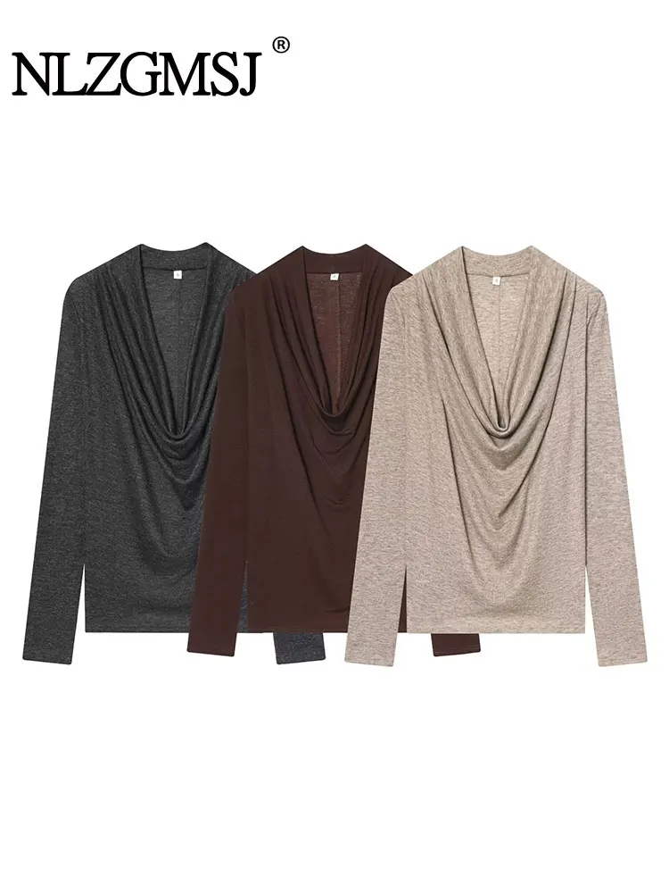 

NLZGMSJ Vintage Chic Women Solid Tops Draped Neckline Long Sleeve Folds Slim T-Shirt Fashion 2025 Autumn Holiday Tops