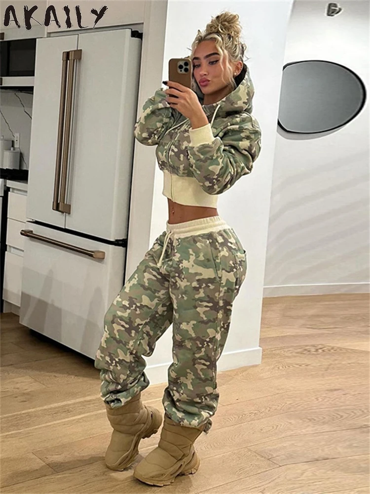 Akaily Winter Street Camouflage Print Sweatsuit Set Women 2024 Zip Up Hooded Crop Bomber Jackets+Drawstring Straight Cargo Pants