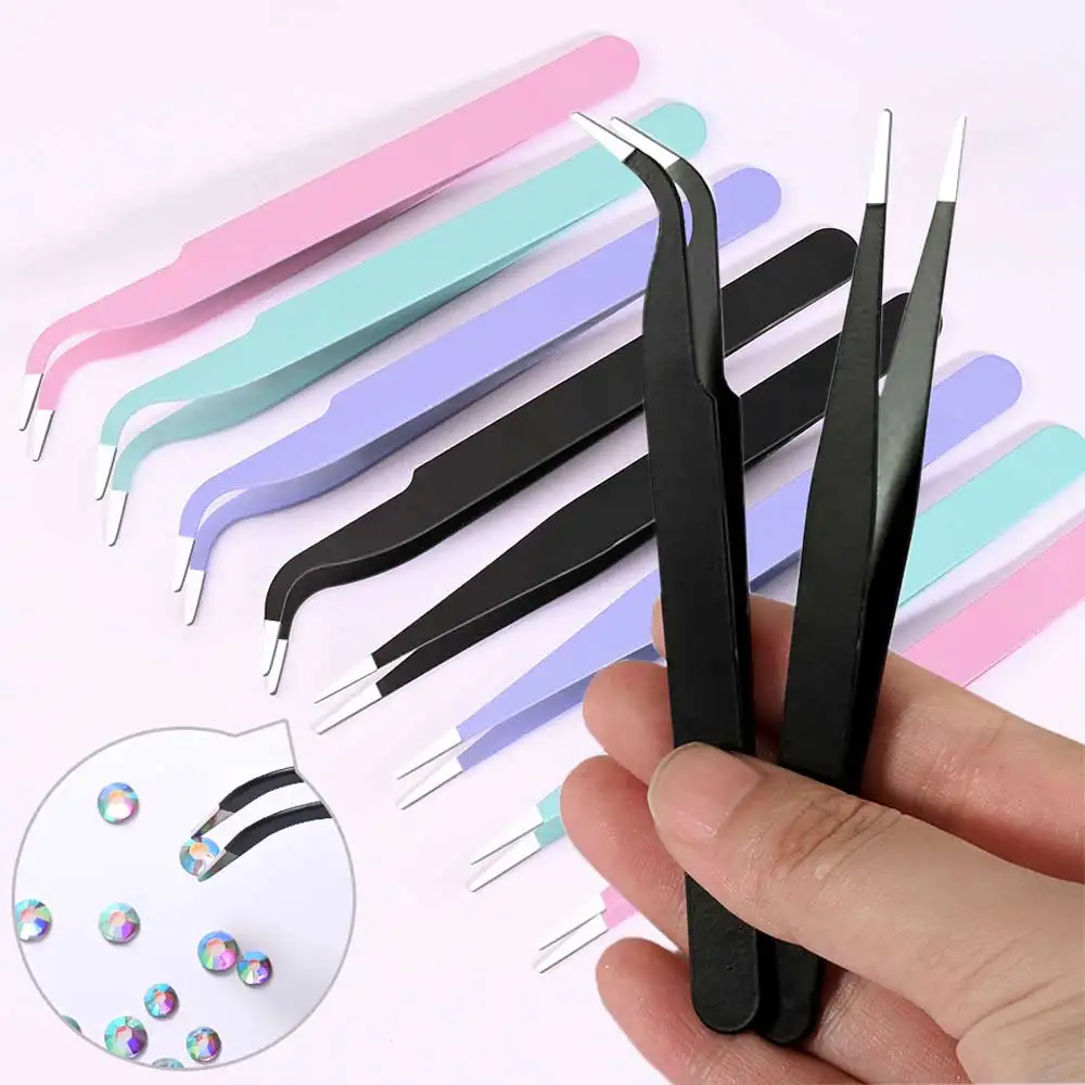 1/2pcs Professional Stainless Steel Straight/Curved Tweezers Nail Rhinestone/Sticker Picking Tools Eyebrows Makeup Tools 4colors