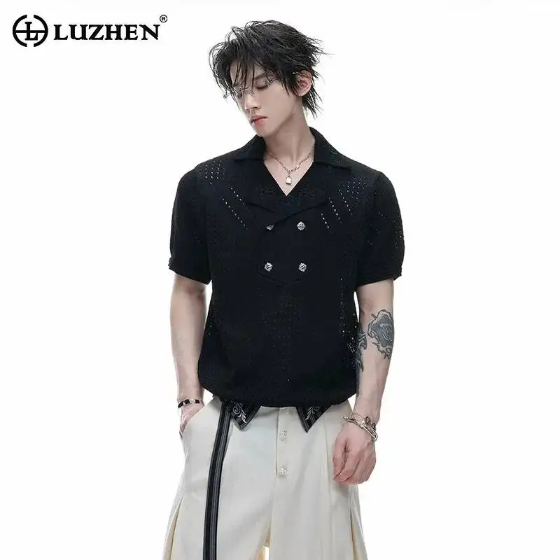 LUZHEN 2026 Summer Solid Color Hollow Double Breasted Lapel T-shirts Pullover Men's Fashion Elegant Handsome Casual Tops JY6986