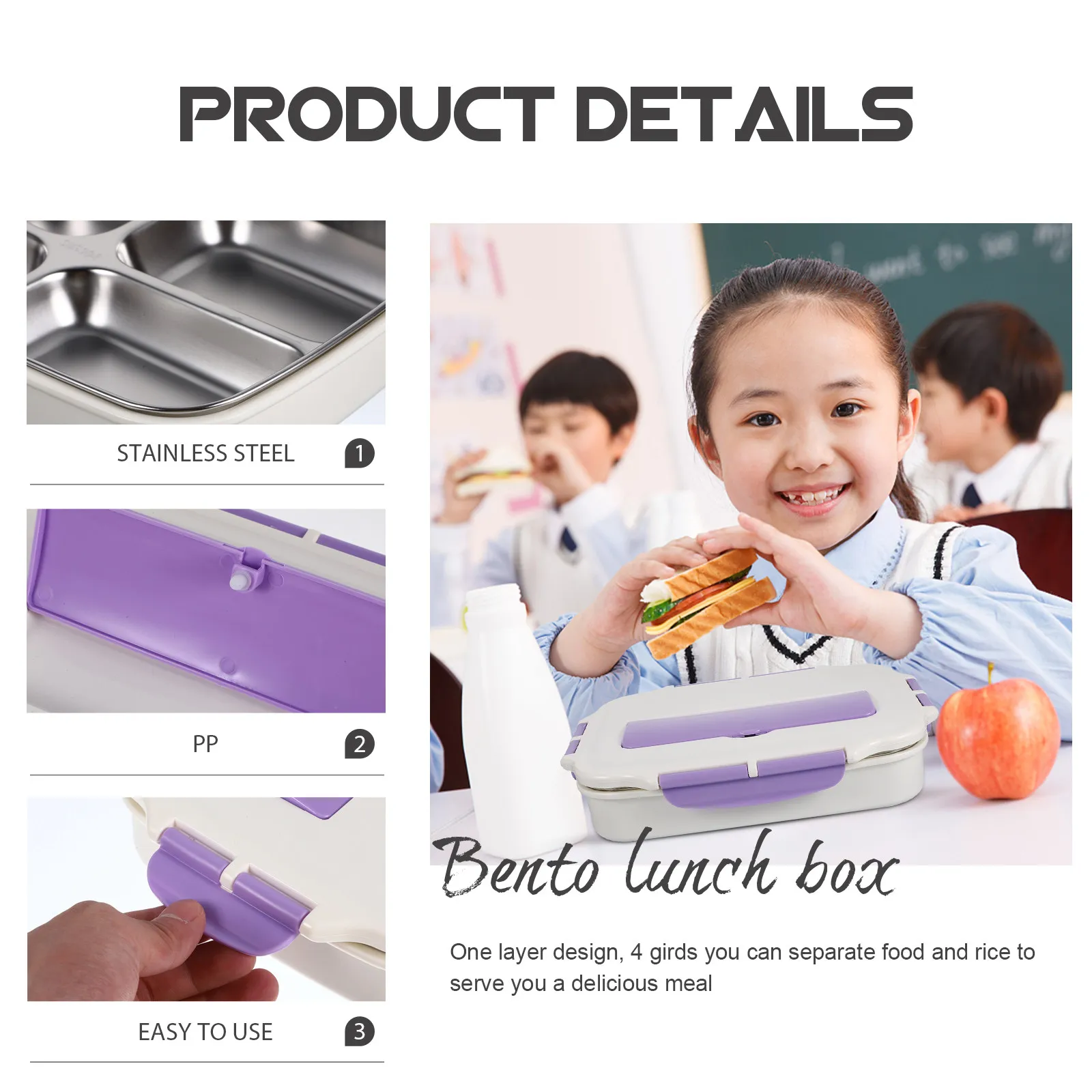 

Single Layer 4 Compartment Bento Box 304 Stainless Steel Leakproof Lunch Container with PP Cover Keeps Food Warm for Office