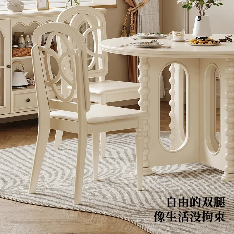 French Cream Style All Solid Wood Round Dining Table Simple Restaurant White Dining Table