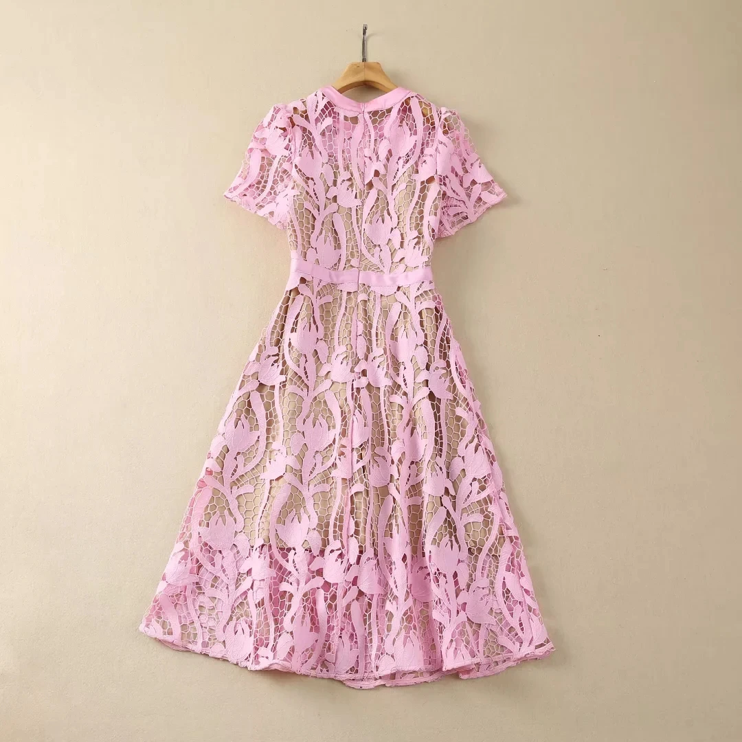 ZJYT Runway Summer Hollow Lace Dresses for Women 2024 Fashion Short Sleeve Pink Party Dress Elegant Vestidos Feminino Holiday