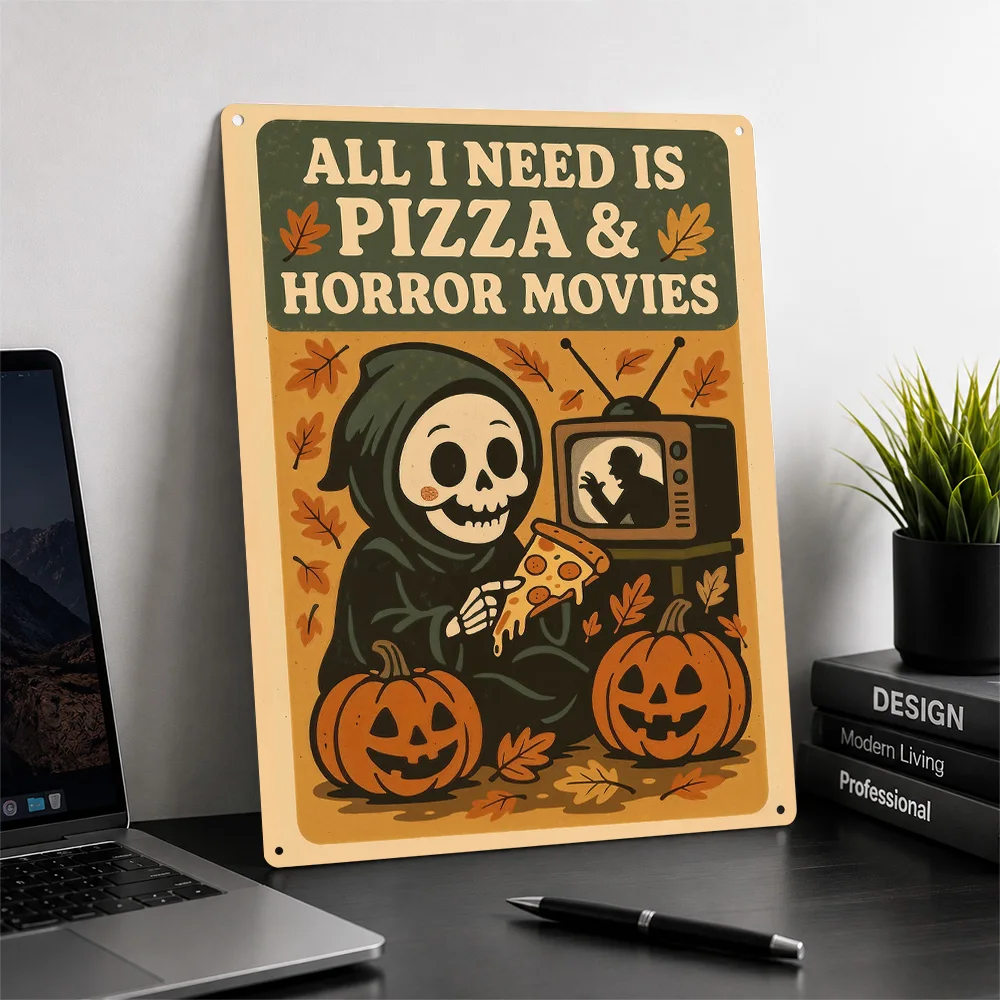 Cute Grim Reaper Eating Pizza Halloween Metal Poster Perfect Gift for Fans Lovers Customized Wall Art Metal Sign for Room Decor