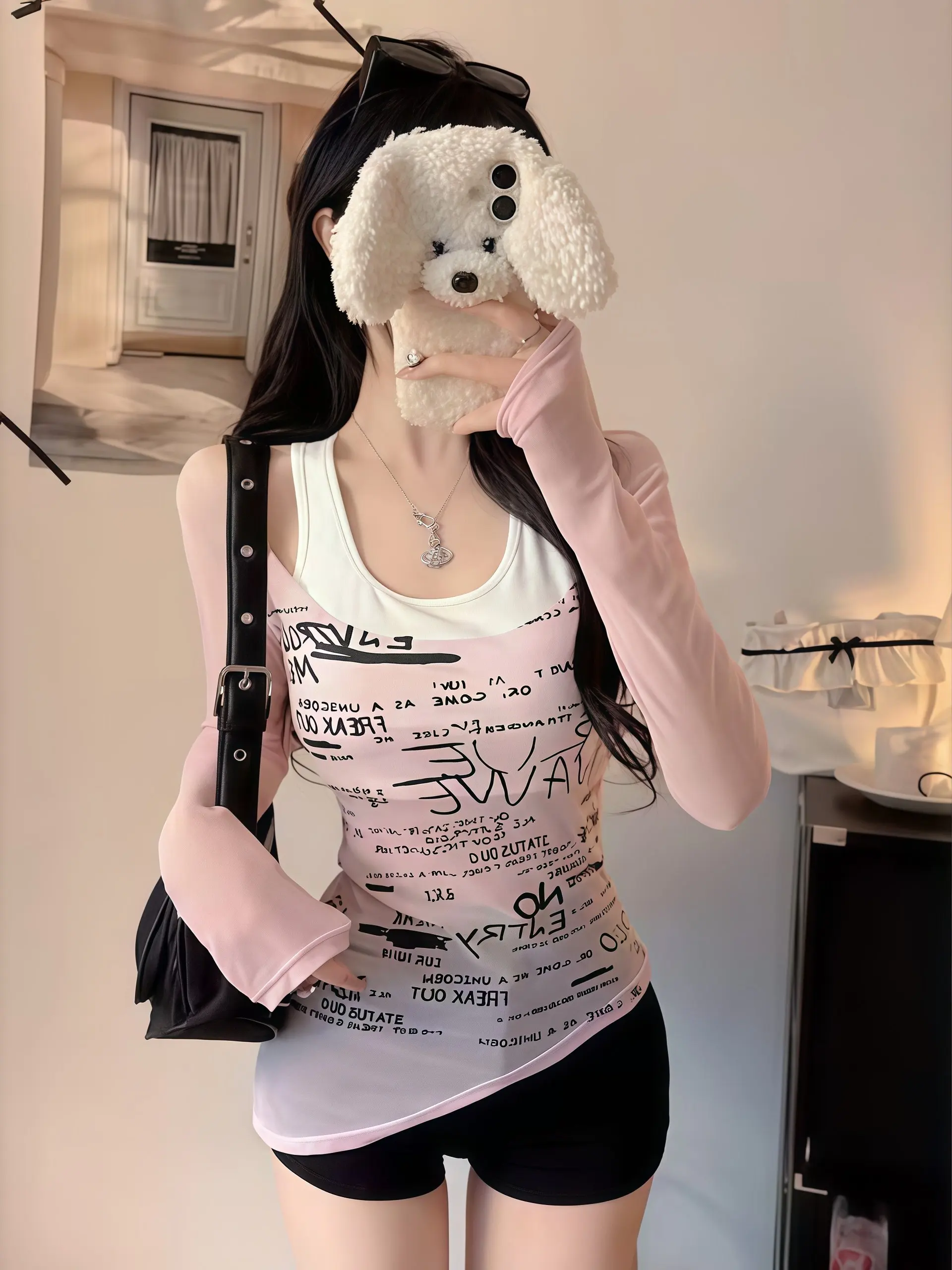 Spicy Girl Micro Transparent Long Sleeve Letter Print Shoulder Bared T Shirt Women Summer Slimming Sweet And Spicy Top