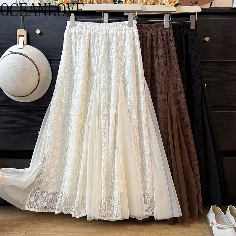 

OCEANLOVE Mesh Lace Skirts Woman Solid A-line Vintage Autumn Winter Faldas Mujer Korean Fashion Elegant Sweet Long Skirt
