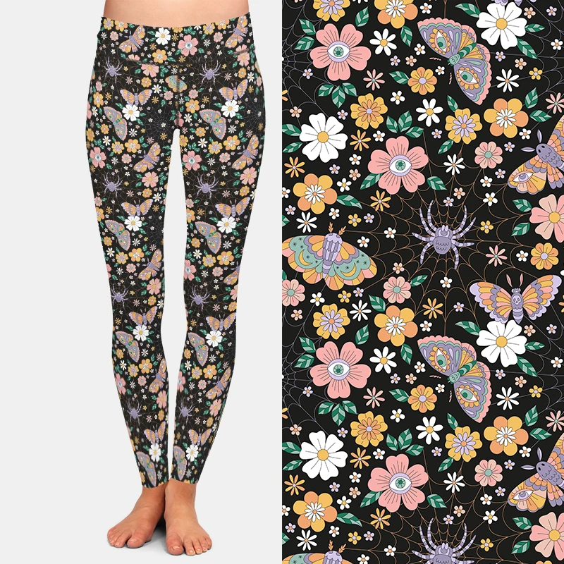 LETSFIND-Leggings moulants sexy taille haute pour femmes, pantalon de fitness, mode rétro 3D, impression de fleur d'Halloween, toile d'asile d'araignée, nouveau