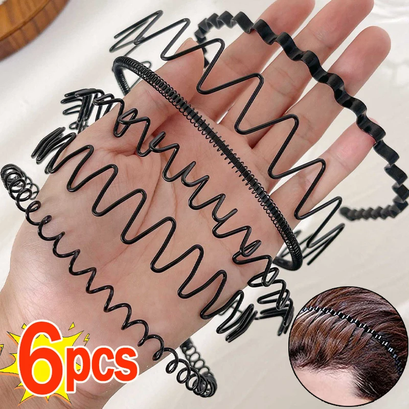 1/6PCS Black Metal Wavy Spring Hair Hoop Lack Non Slip Outdoor Sports Headbands Hairband for Women Men Face Washing Headdress