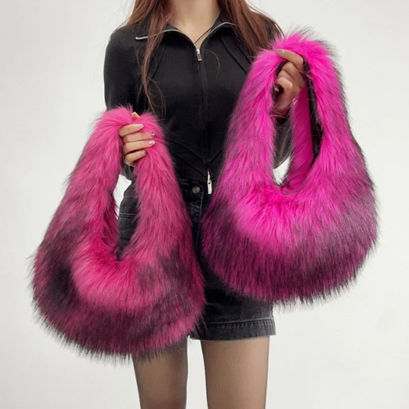 

New Designer Fluffy Plush Shoulder Bag Warm Faux Mongolian Fur Handbags for Women Brands Large Hobo Shopper Heart Shaped Purses