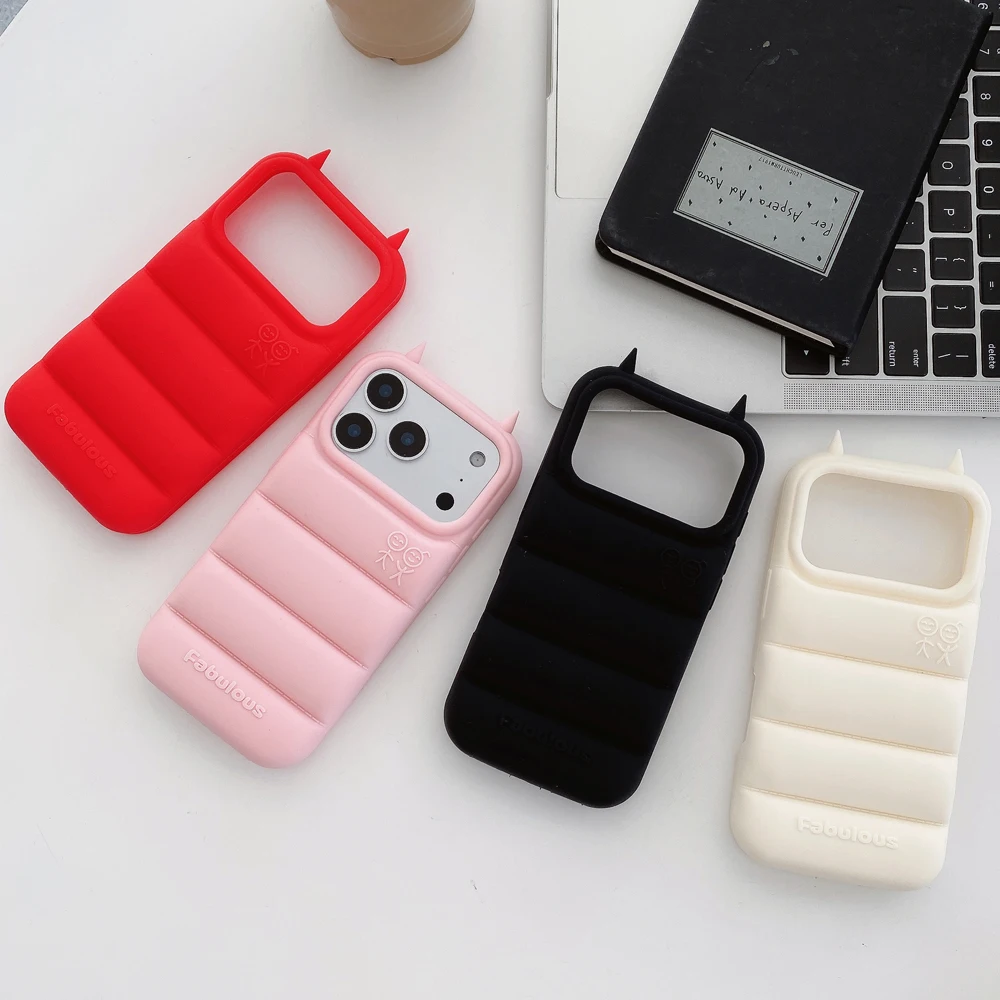 Cool Devil Horns 3D The Puffer Soft Silicone Phone Case for Apple iPhone 13 14 15 16 17 Pro Max Down Jacket Shockproof Cover