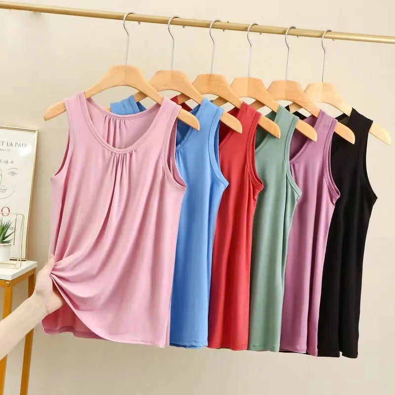 Women's Clothing Camis Tanks Summer Modal Fat Strap Tank Top Loose Folded Home Sleeveless Inner T-shirt Bottom Shirt Tees Tops