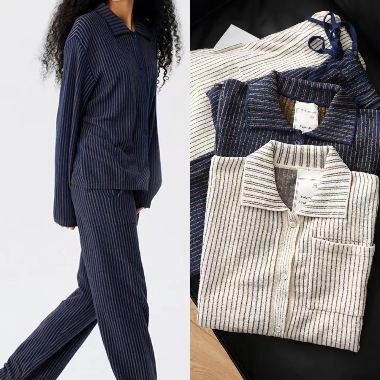 New Autumn Winter Ladies Long Sleeve Long Pants Striped Collared Sleepwear Set Fashionable Comfortable Home Clothes for Women