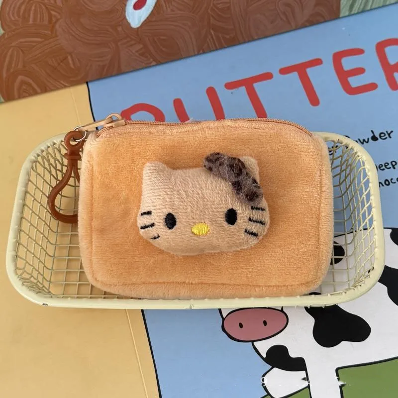 Kawaii Sanrio Hello Kitty Cartoon Plush Leopard Pattern Coin Purse Wallet Cute Mini Student Portable Earphone Storage Bag Gifts