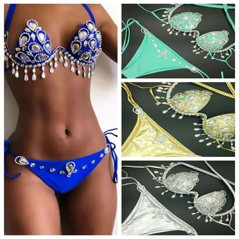 2022 New Bikini Diamond Tassel Swimsuit with Steel Bracket High Waist Sexy Nightclub Suit  Bikini Bandage  Push Up Bikini