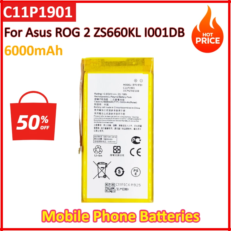 6000mAh New Hight Mobile Phone Battery C11P1901 For Asus ROG 2 ZS660KL I001DB Game Phone Generation Battery