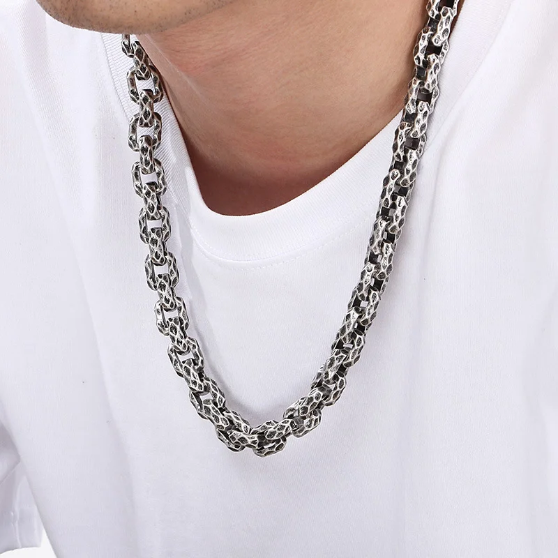 Fongten Punch Patterned Square Stainless Steel Necklace For Men Punk Hip Hop Advanced Generous Wrist Ornament Fashion Jewelry