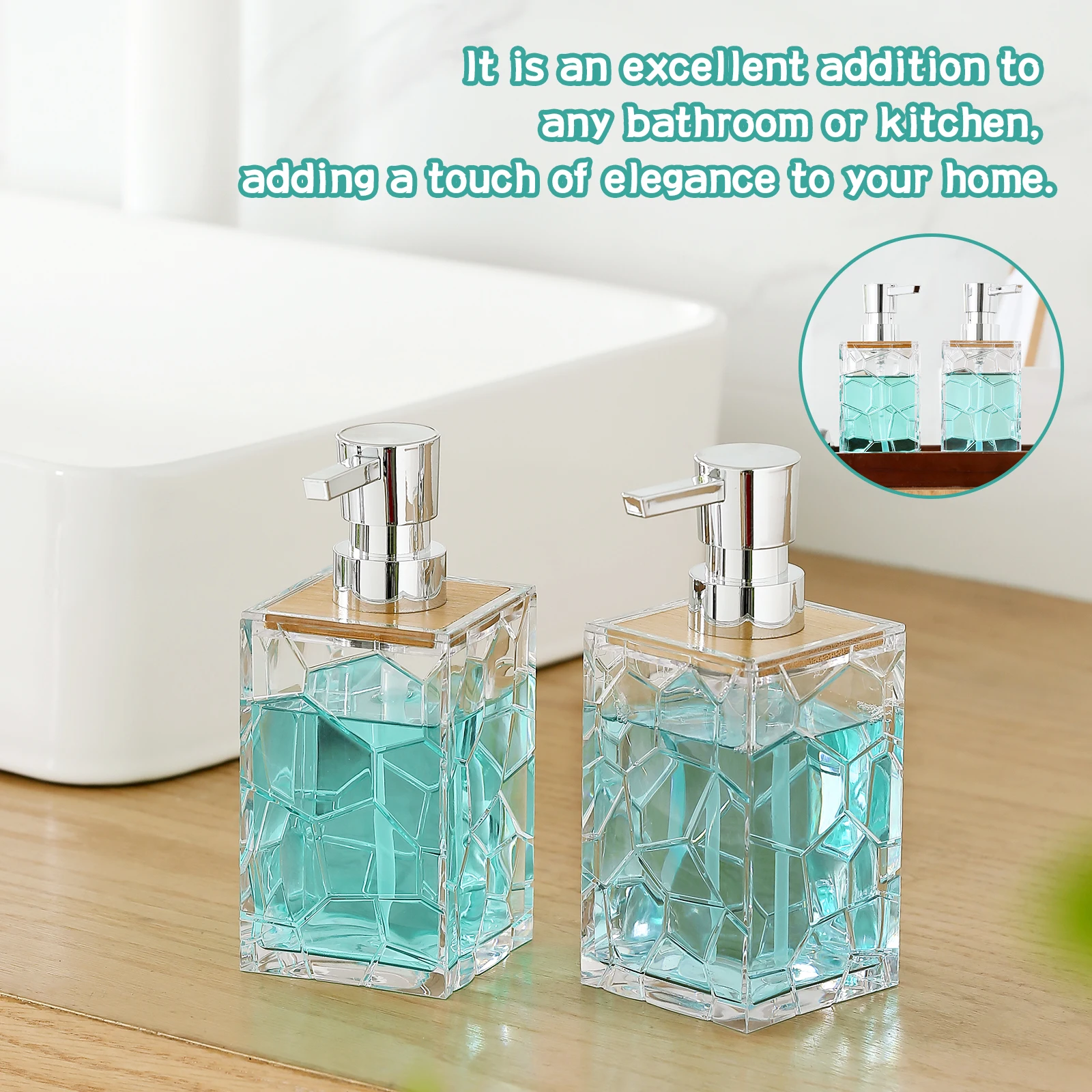 2 Pack Clear Acrylic Soap Dispenser with Bamboo Accents and Wooden Tags for Bathroom and Kitchen Counter