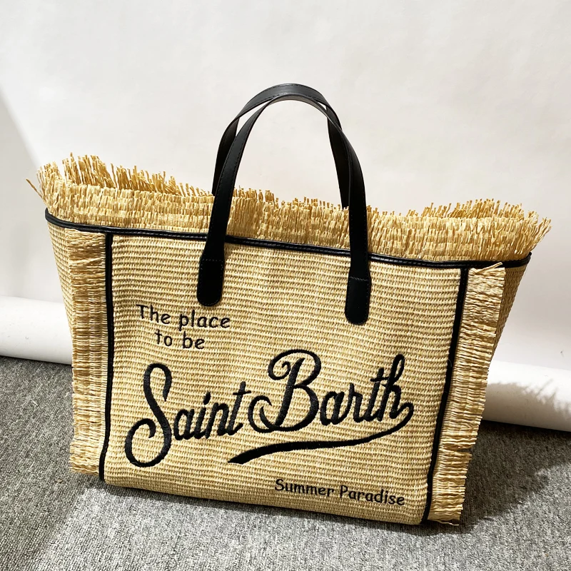 Beach Straw Tote Bags For Women Luxury Designer Handbags Purses 2024 New In Papyrus Letters Tassel Top Handle Underarm Shoulder