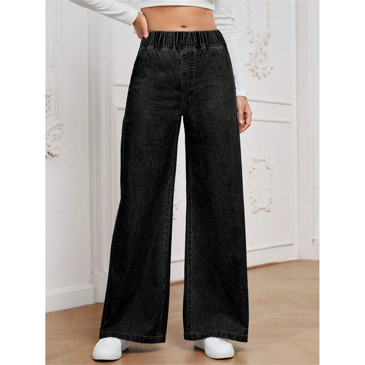 Women Fashion Vintage Denim Jeans High Elastic Waist Solid Pants Female Street Y2K Casual Trousers Lady Autumn Spring Chic Pant
