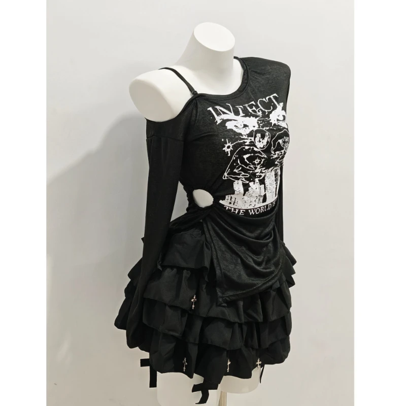 Y2k Subculture Long Sleeve Tee + Short Black Dress Two-Piece Dress Sets Women Casual Gothic Print Solid Color Letter Skew Neck