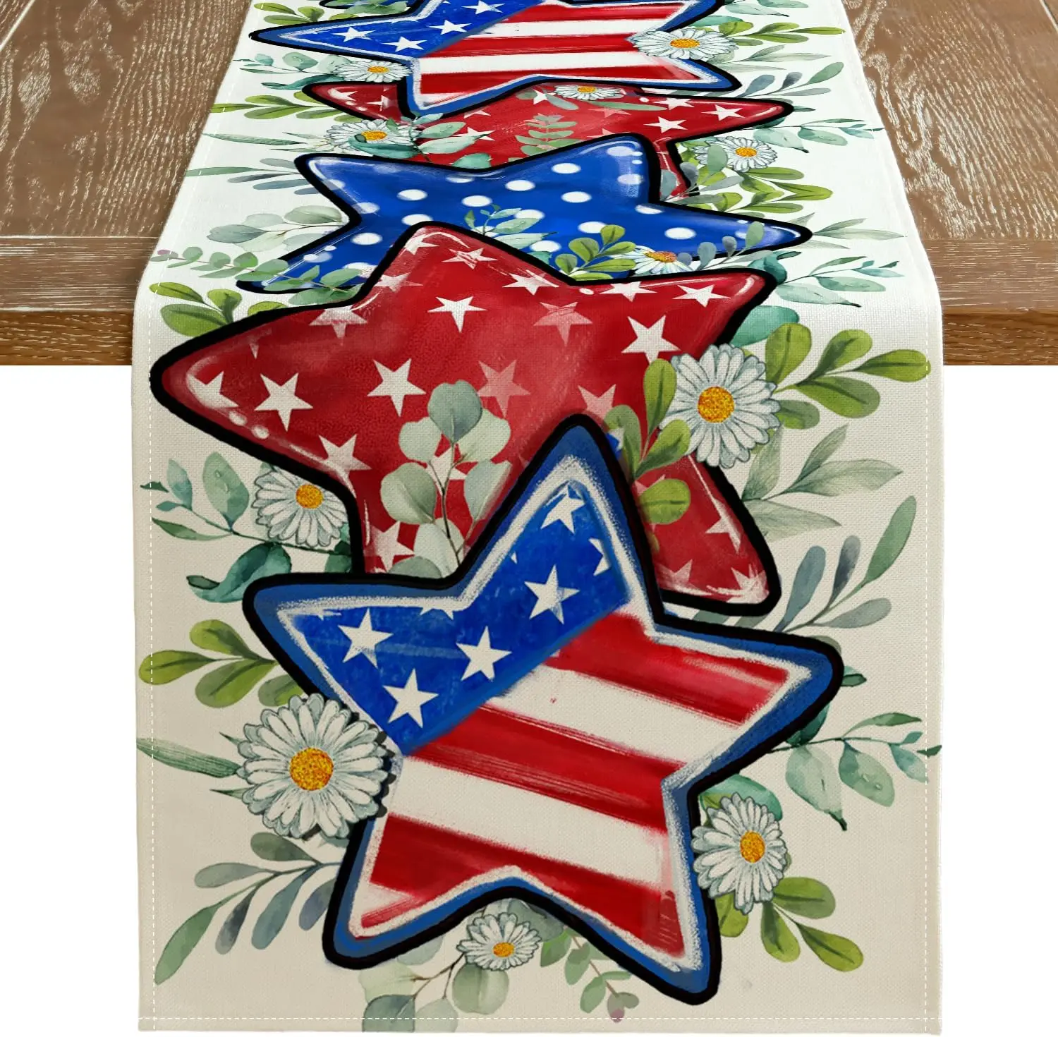 4th of July Memorial Day Linen Table Runners Stars Eucalyptus Leaves American Flag Party Decor Independence Day Table Decoration