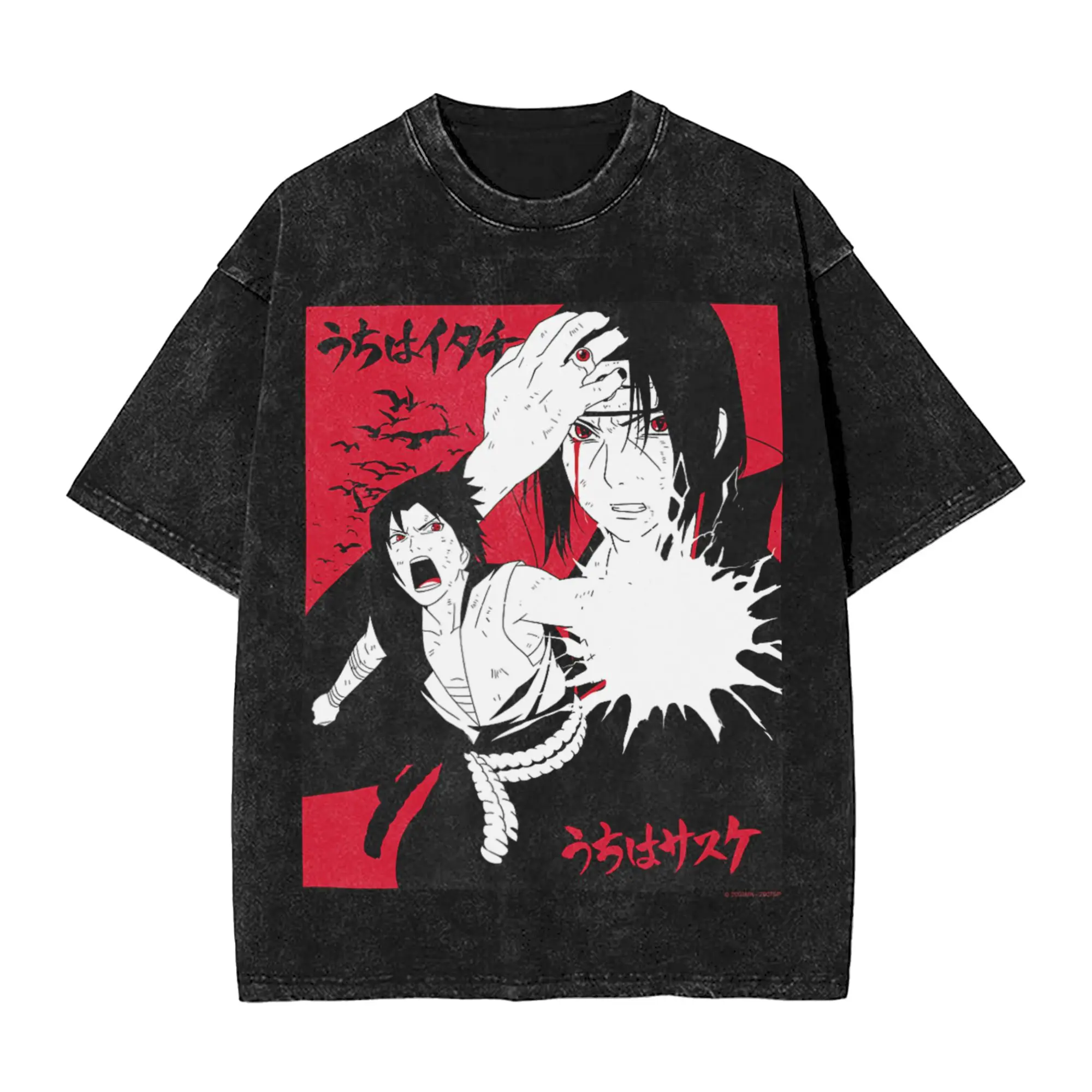 Shippuden Itachi & Sasuke with Kanji Animed Narutoes T Shirts  Washed Oversize T-Shirts Men Women Tops Streetwear Printed Tees
